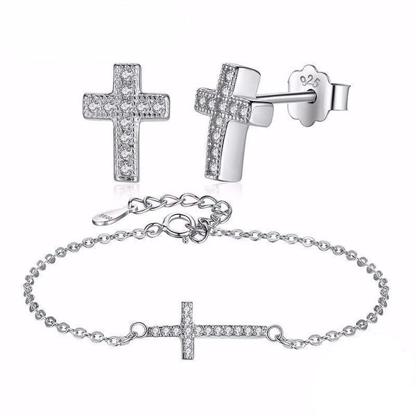 Classic Crystal Cross Earrings Bracelet Set