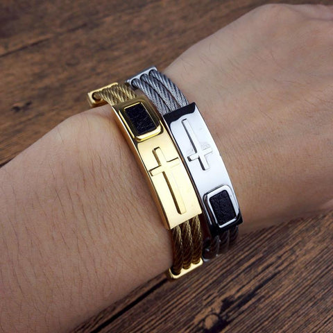 3 Wire Chain Engraved Cross Bracelet