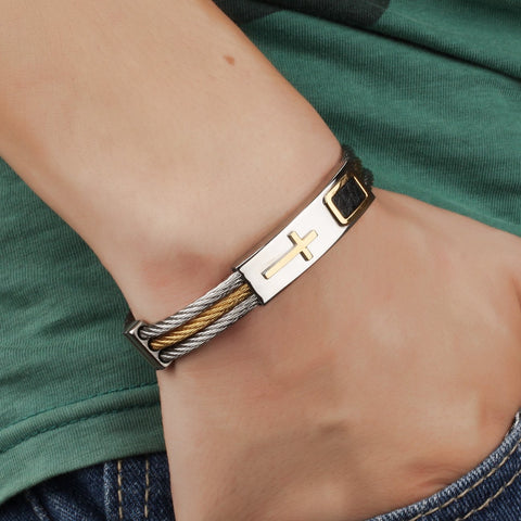 3 Wire Chain Engraved Cross Bracelet