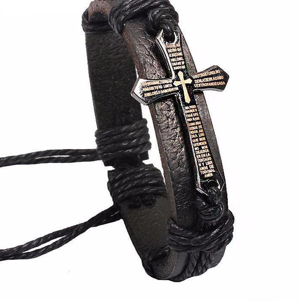Genuine Braided Leather Cross Bracelet